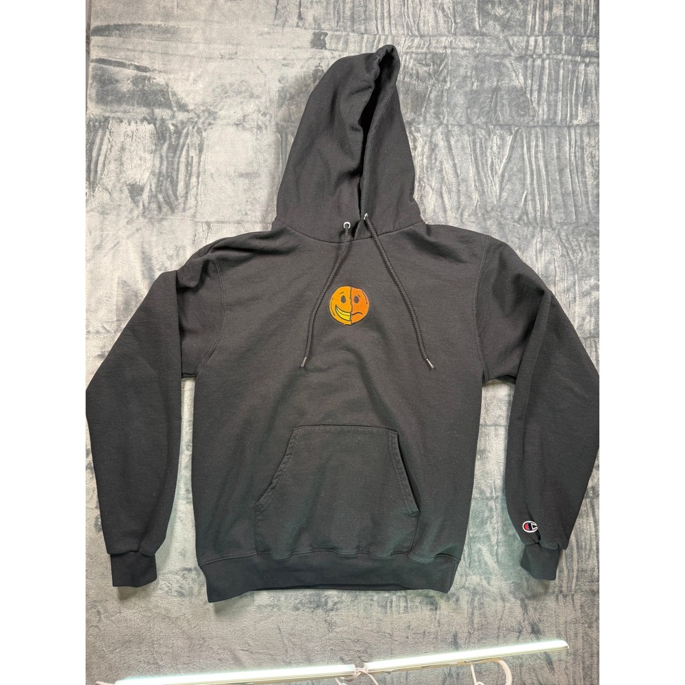 Champion Hoodie Mens M Black Look Beneath The Surface Graphic Smiley Face Fleece